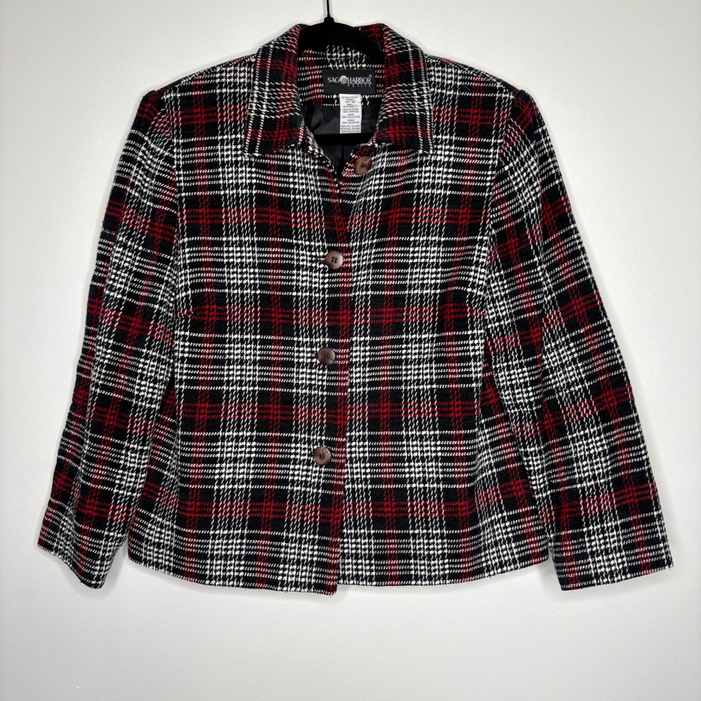 Vintage Sag Harbor Plaid Blazer Jacket Button Front Red‎ Black White Sz 12